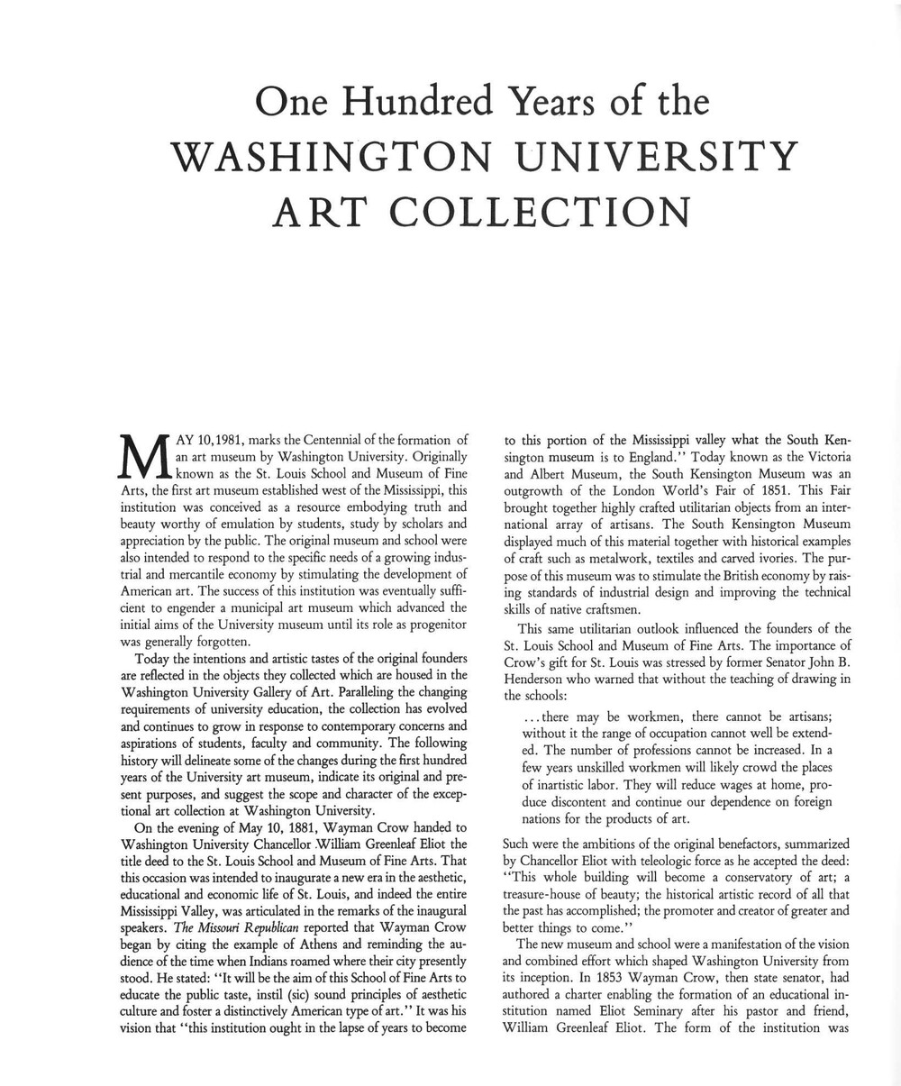 The first page of "One Hundred Years of the Washington University Art Collection"